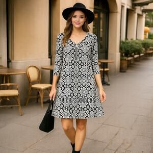 Nina Leonard Black White Damask Print Mod Zip Neck 3/4 Sleeve Shift Dress S